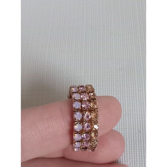 Gold Toned Metal Pink and Orange Rhinestone Encrusted Stretchy Elasticized Ring - Picture 6 of 7